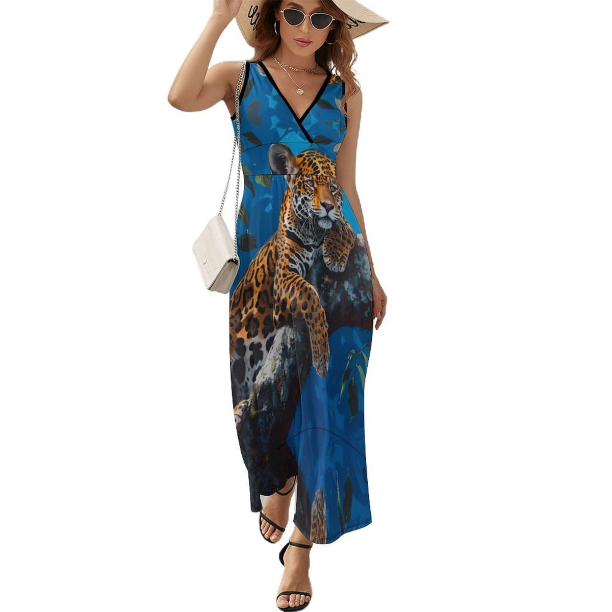 Robe longue sans manches à imprimé léopard sur arbre, col en V, style décontracté, robe débardeur.