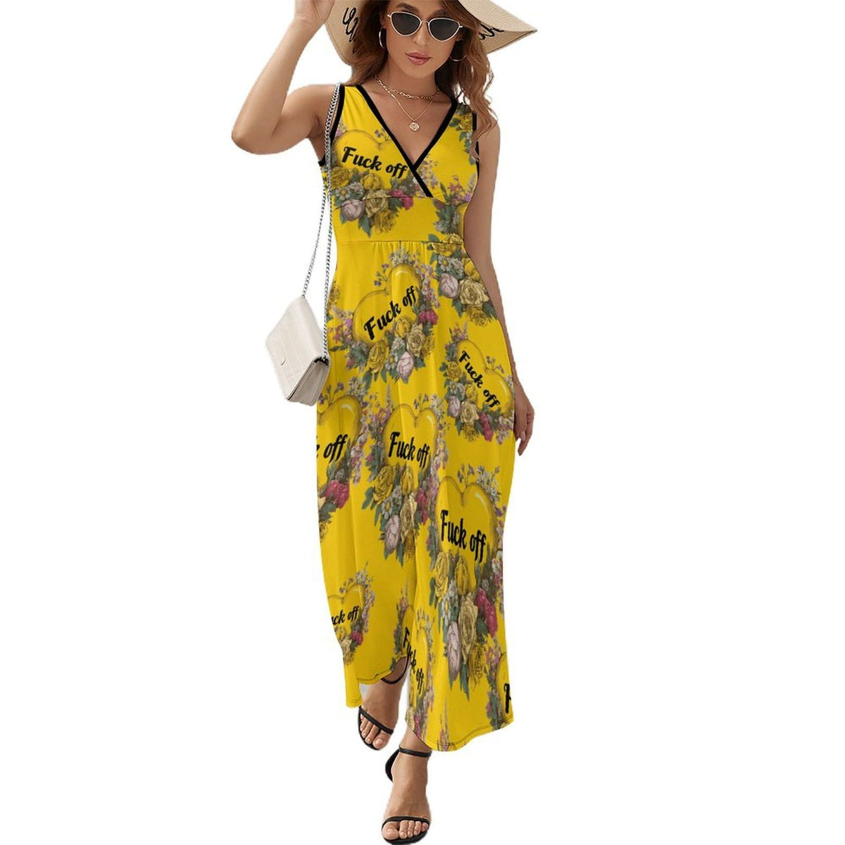 Robe longue d'été sans manches à col en V pour femme Fuck1 Off Rose Heart, robe décontractée