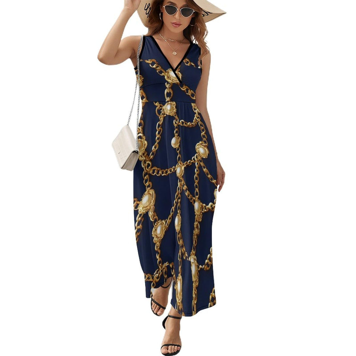 Robe longue d'été luxueuse pour femme, ornée d'une chaîne dorée et sans manches, col en V.