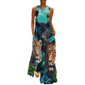 Robe longue maxi maxi sans manches pour femme, style cocktail, col en V, coupe ample, unie, avec poches, motif tigres et léopards sauvages
