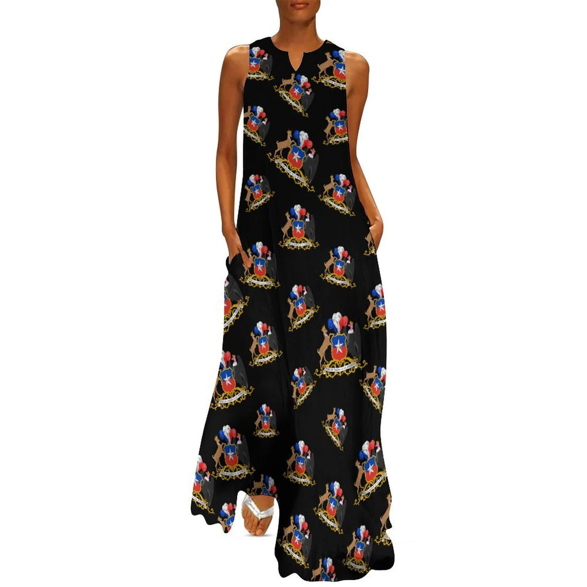 Robe de soirée longue maxi ample à col en V avec poches, ornée des armoiries du Chili