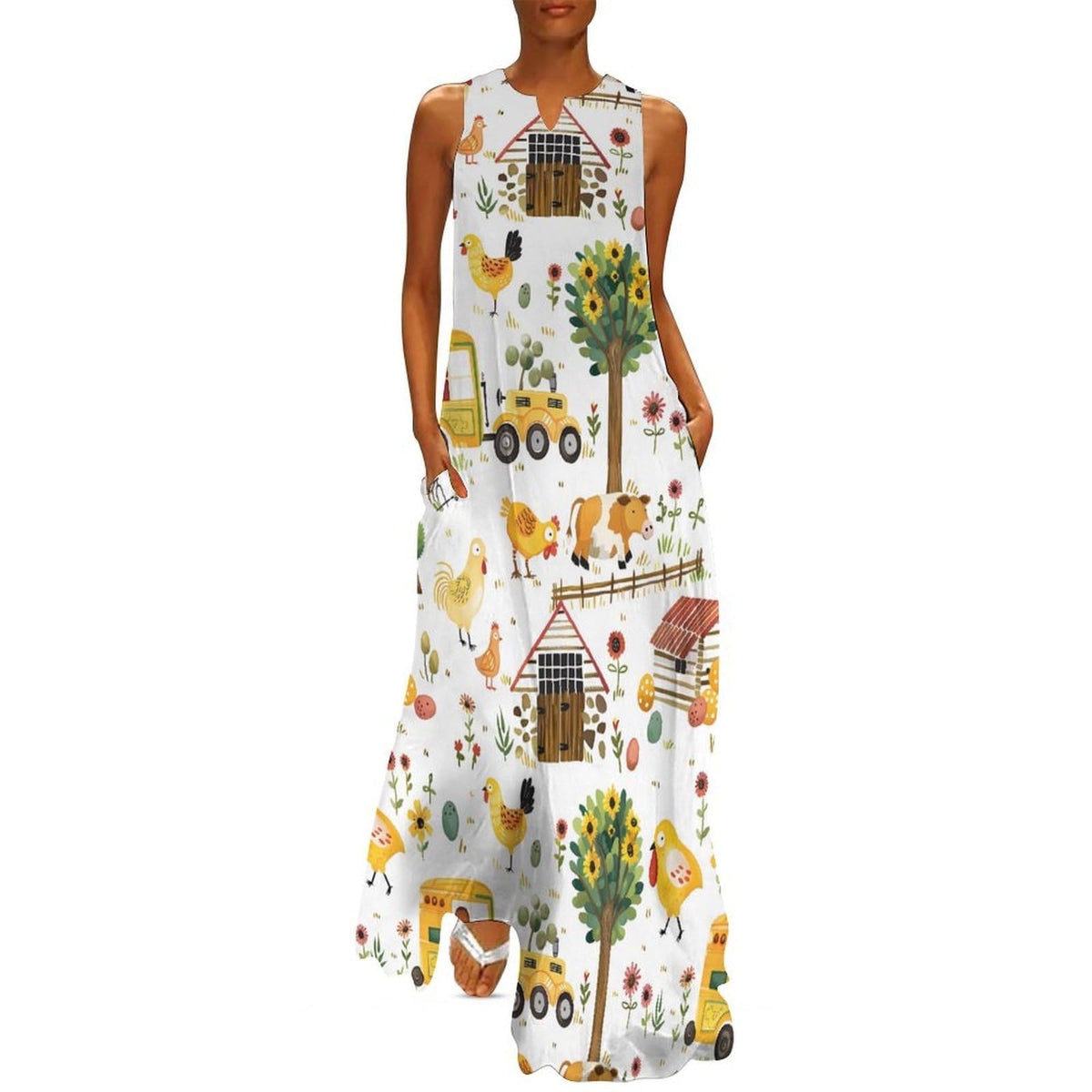 Robe longue maxi d'été sans manches à bretelles, motif animaux de la ferme, pour femme.
