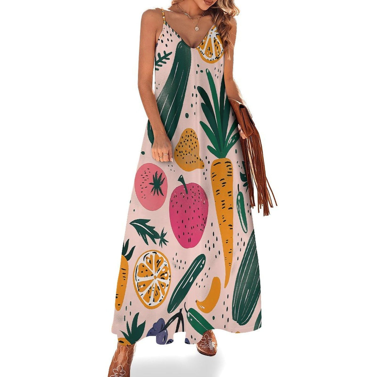 Robe maxi femme à motifs de peinture alimentaire, longue et fluide, idéale pour l'été, les mariages et les réceptions.