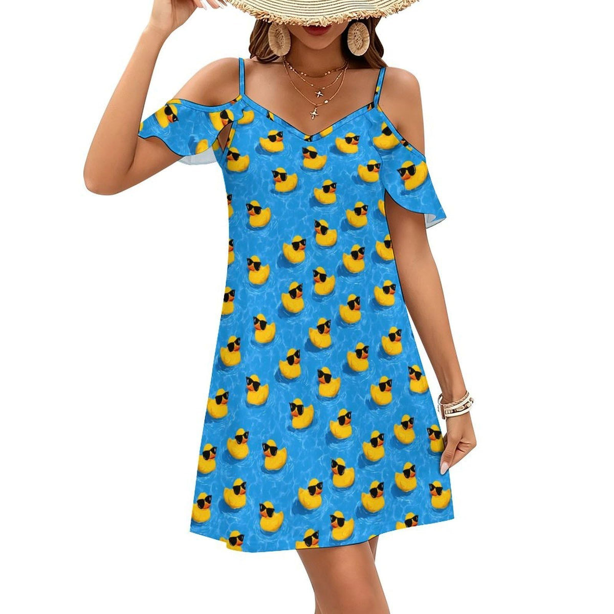 Robe courte d'été décontractée à épaules dénudées et manches à volants, motif canard en caoutchouc, mignonne et élégante.